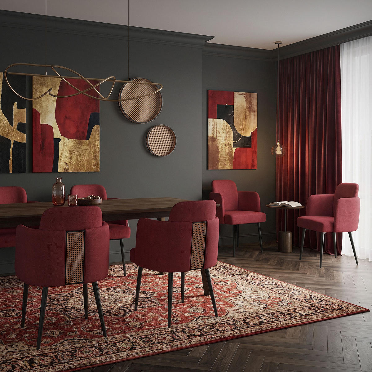 ESSZIMMERSTÜHLE 4er Set Rot mit Stoffbezug Rattan Optik - Rot/Schwarz, Textil/Metall (59/86/59cm) - ML-DESIGN