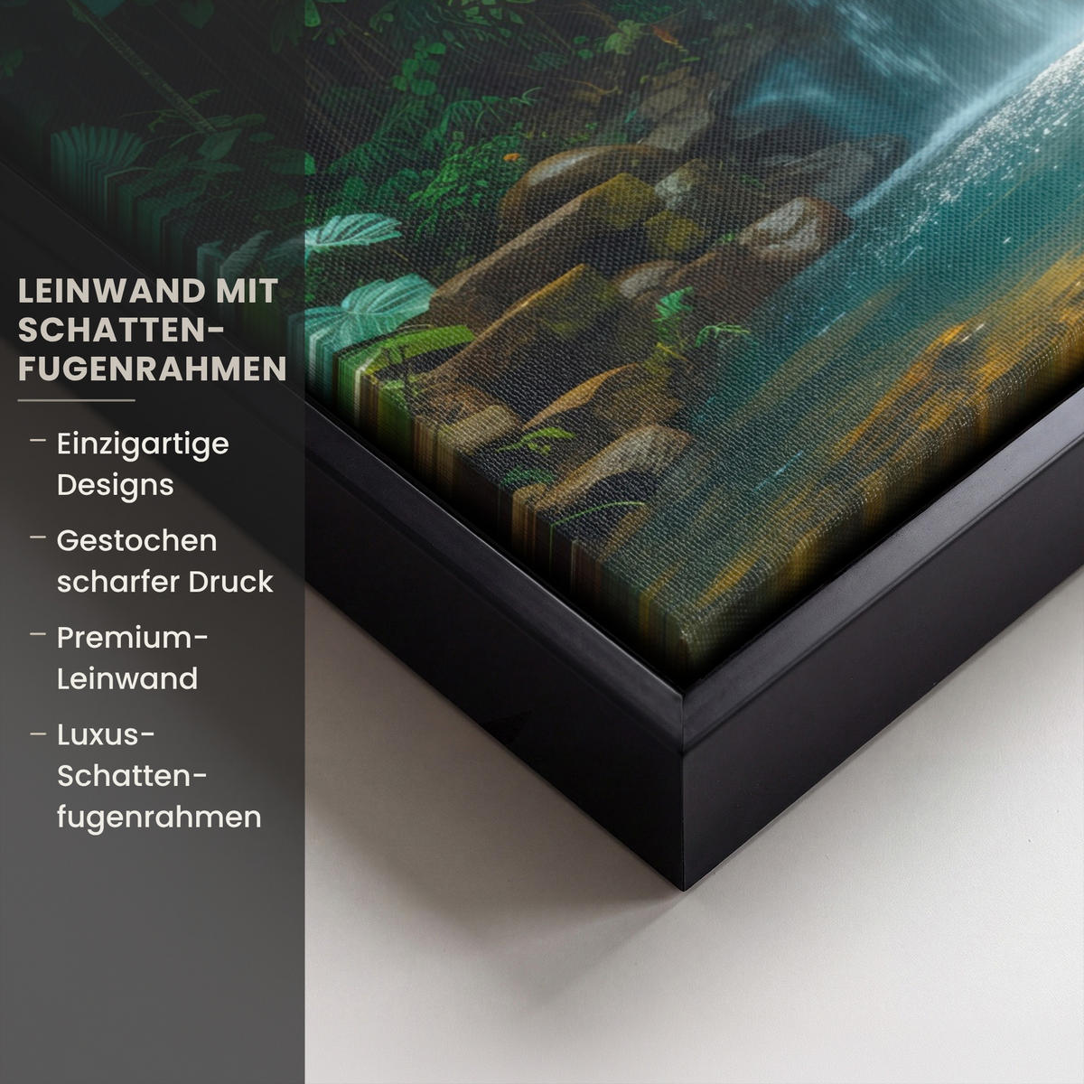 LEINWAND Bilder mit Rahmen - Wasserfall - Dschungel - Sonne - Grün - Natur - 40x30 - Grün, Textil (40/30cm) - MuchoWow