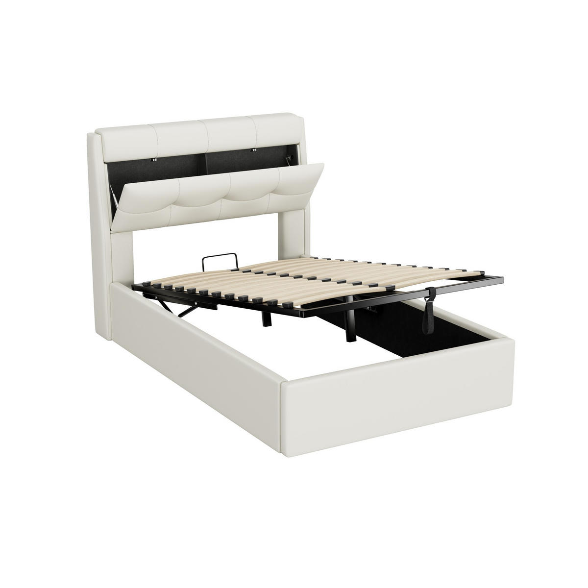 POLSTERBETT 90/200 cm Weiß mit hydraulischem Bettkasten und Lattenrost - Weiß, Kunststoff (90/200cm) - OKWISH