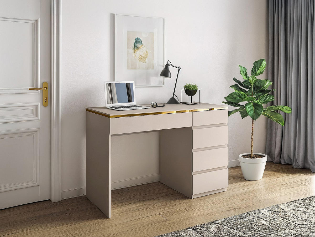 SCHREIBTISCH - 5 Schubladen - Beige & Goldfarben - VUKIA - Beige, Holz (119/55/79.1cm) - Pascal Morabito