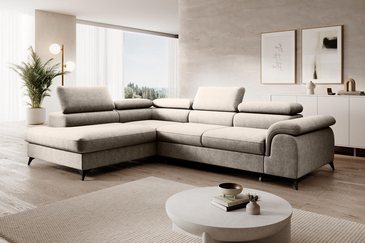 ECKSOFA PLAZA L Links mit Schlaffunktion 125x195 Velours Beige - Beige/Schwarz, Holz/Kunststoff (205/275cm) - Muffo