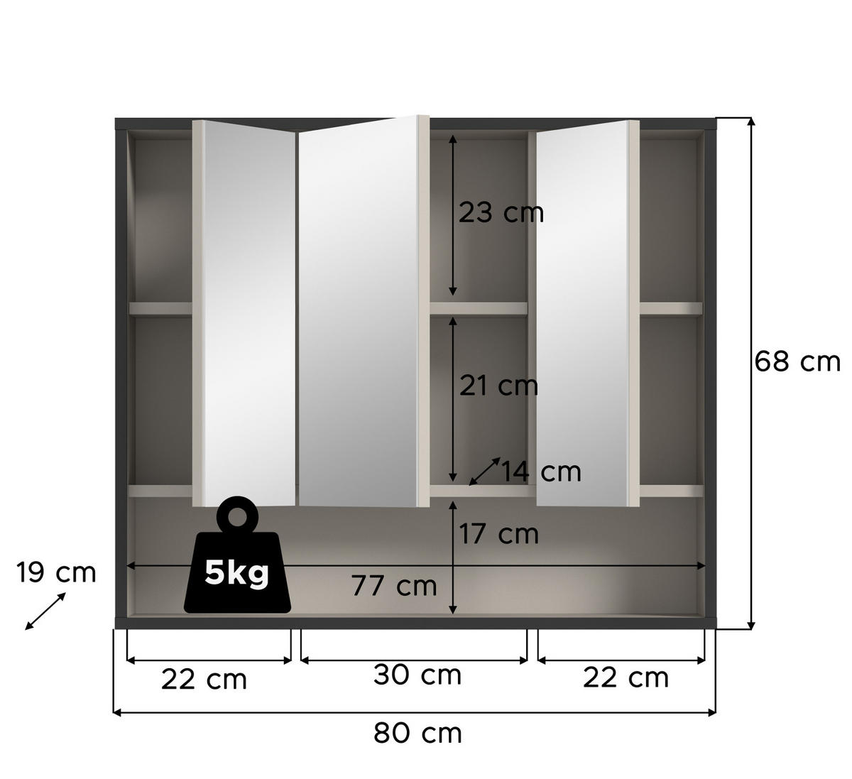 SPIEGELSCHRANK schwarz, sand 80 cm 3-türig, Badschrank mit Soft-Close - Sandfarben/Schwarz, Glas/Holzwerkstoff (80/68/19cm) - Inn.Furn