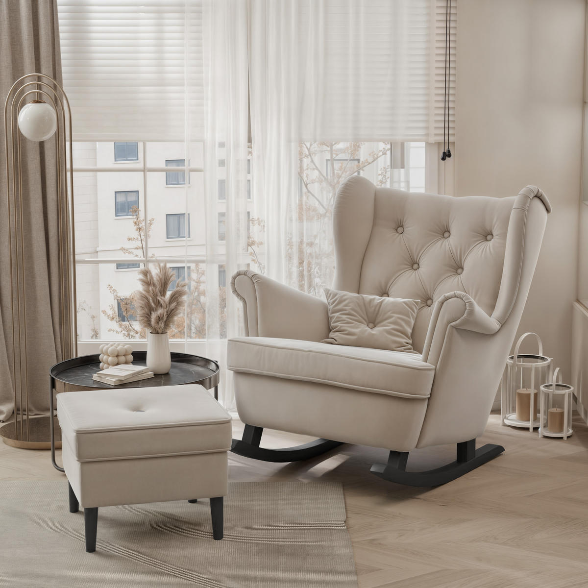 SCHAUKELSESSEL SCANDI mit hocker, Samt Beige - Beige, Holz/Textil (75/97/60cm) - Idohome