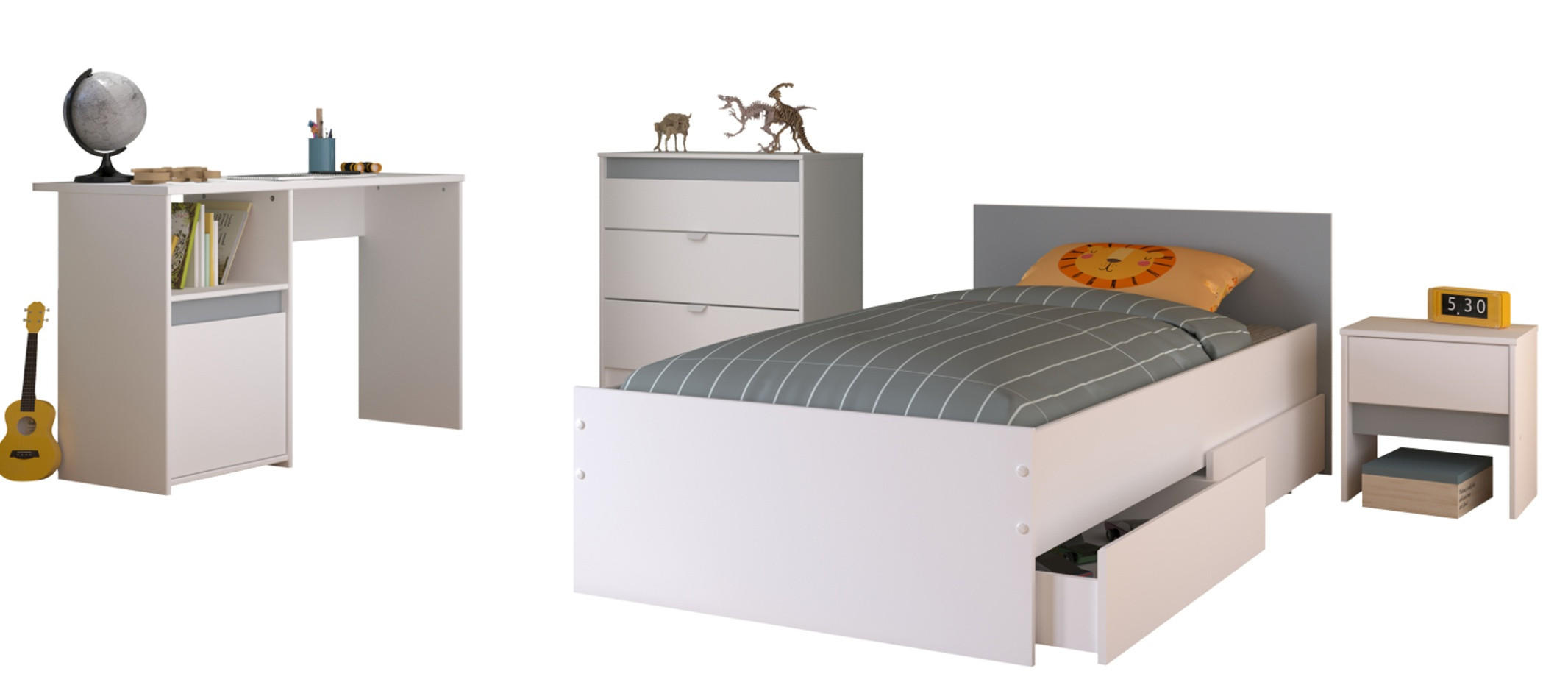 KINDERZIMMER weiß, grau oder rosa, Komplett-Set 4-teilig mit Stauraumbett 90x200 cm - Weiß, Holzwerkstoff (110/80/203cm) - Parisot Meuble