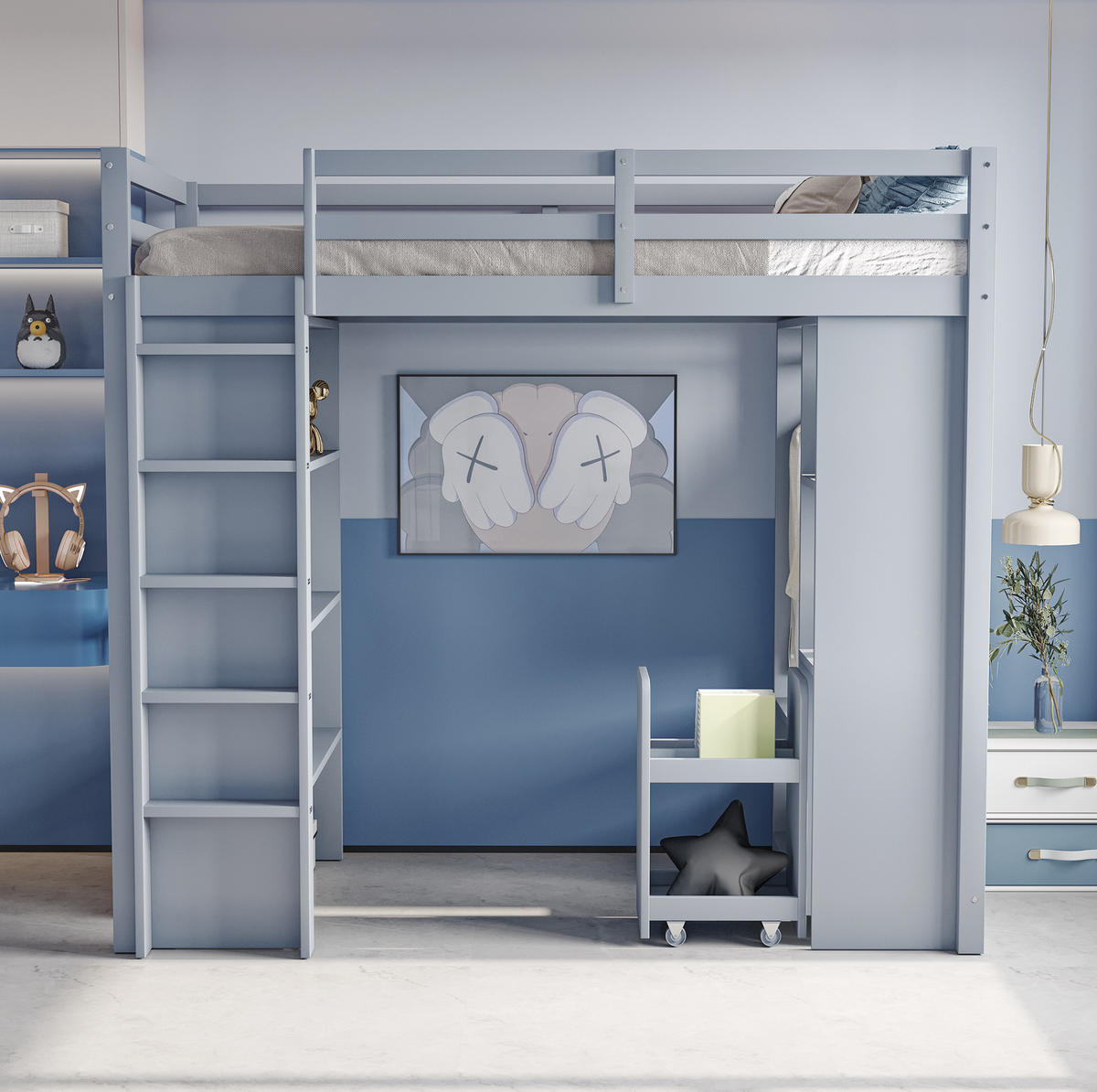 HOCHBETT 90/200 cm grau mit Stauraum und abnehmbarem Trolley mit Matratze - Grau, Holzwerkstoff (90/200cm) - OKWISH