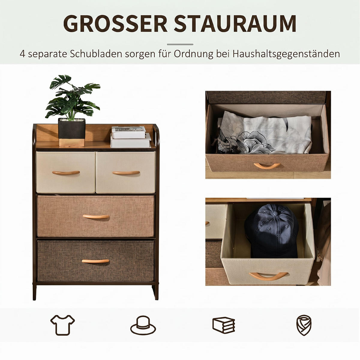 BYRÅ i linne och metall, flerfärgad - Naturfärgad/Brun, Trä/Träbaserade material (29/78.5/58cm) - HOMCOM