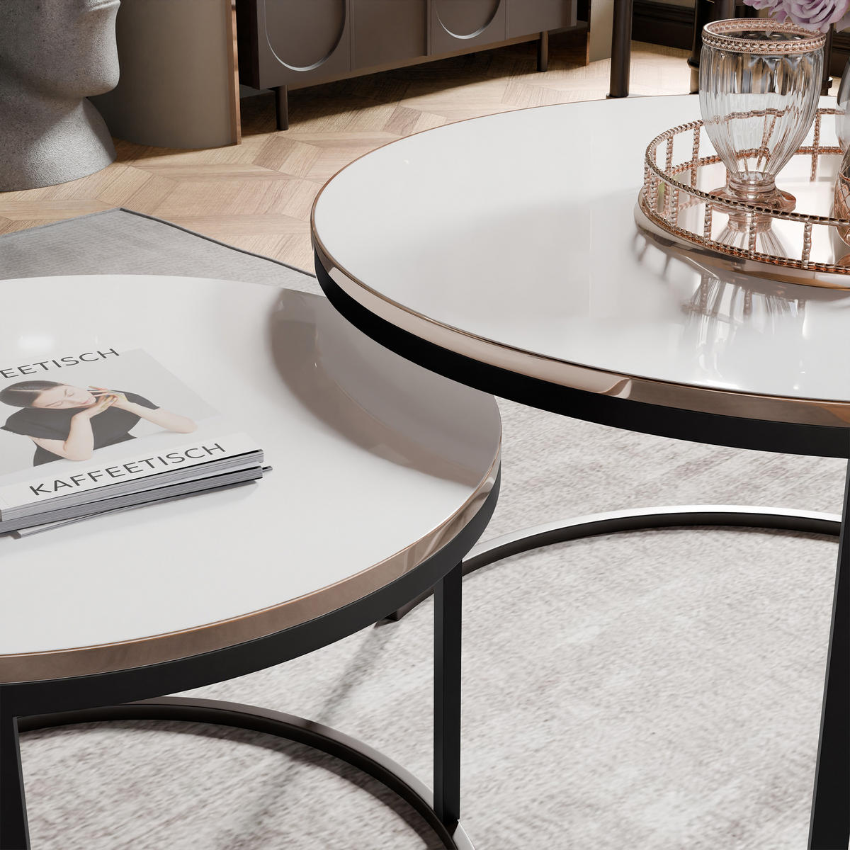 COUCHTISCH rund Klein, Weißglanz, Rahmen Schwarz+gold furnier - Goldfarben/Schwarz, Holzwerkstoff (70/70/48cm) - Idohome