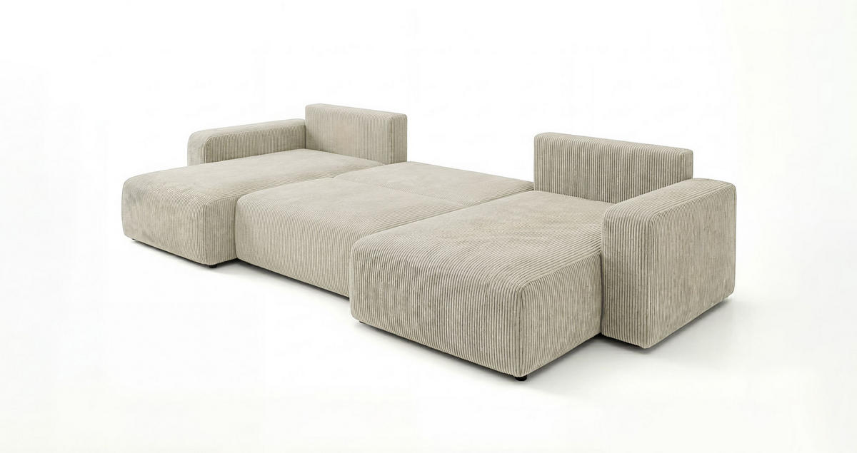WOHNLANDSCHAFT BERLIN U-Form weiß Cord Poso 100 - Schlaffunktion, Bettkasten - Weiß, Textil (385/86/185cm) - Cornero