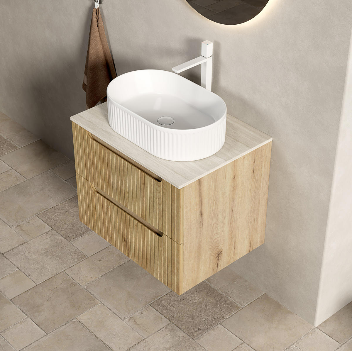 WASCHTISCH mit 2 Schubladen Keramik Weiß Eichenoptik - Weiß, Holzwerkstoff (46/62.2/60cm) - Beauniv