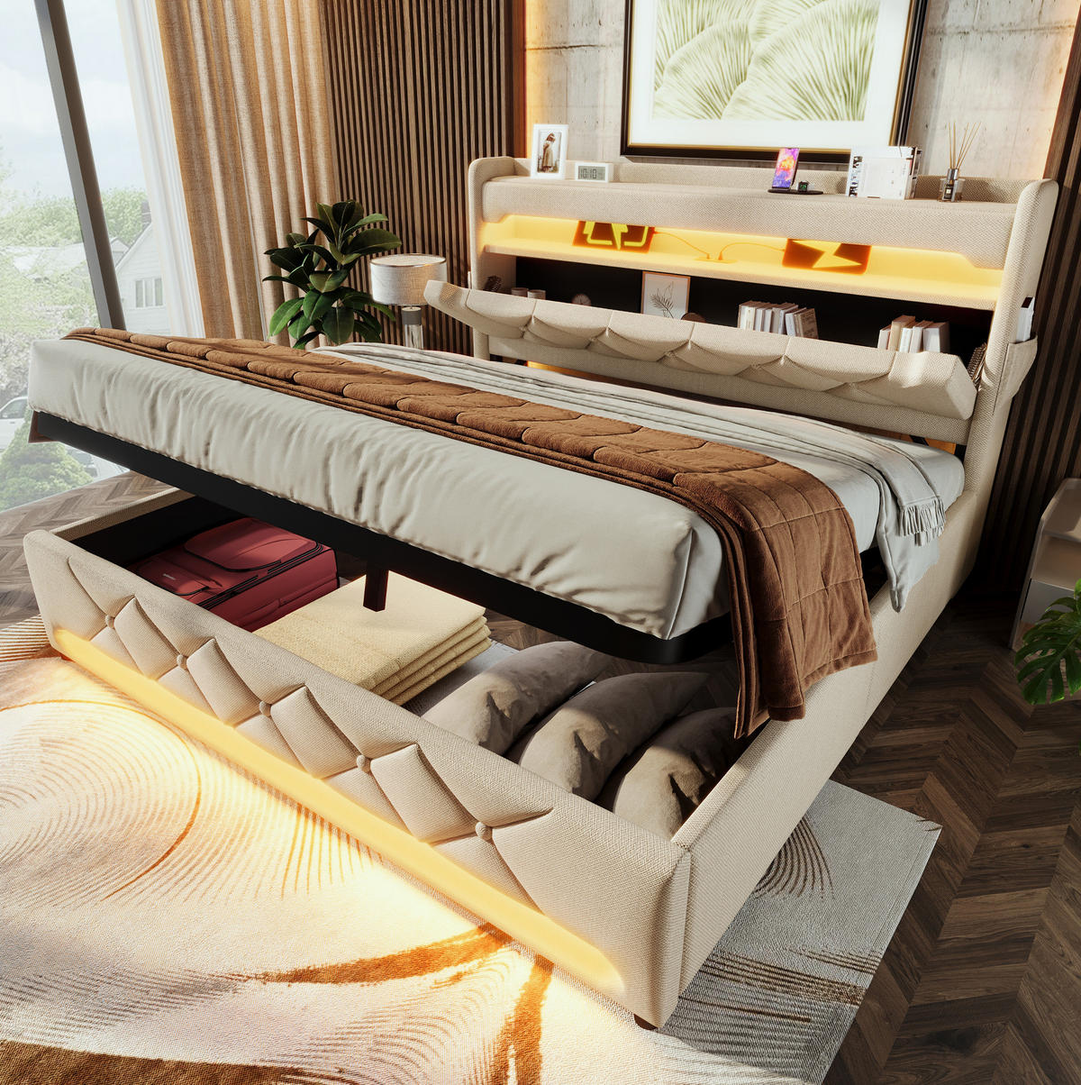 BETT mit LED, USB und Stauraum 140x200 cm Leinen Beige - Beige, Metall (140/200cm) - Meubliv