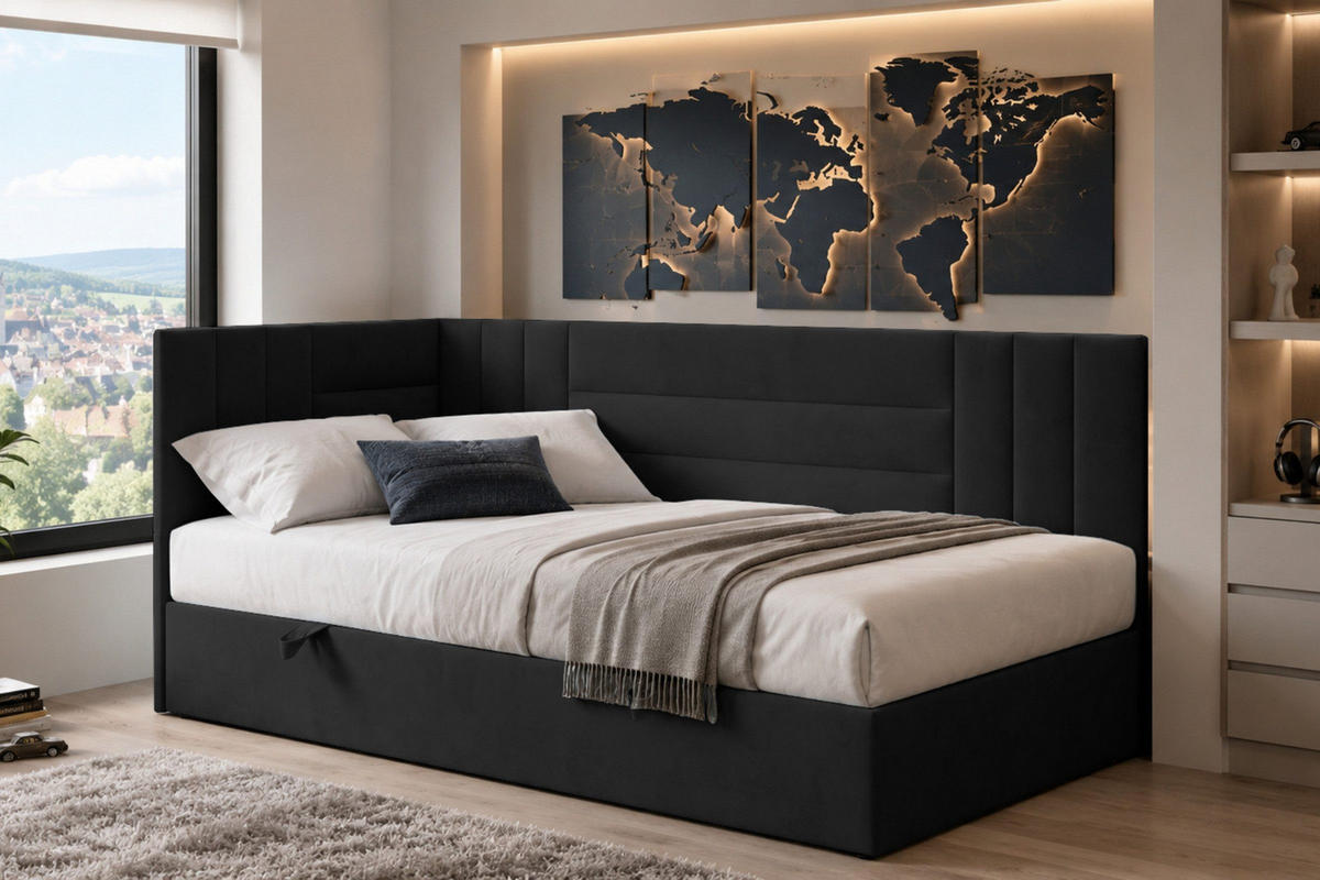 BOXBETT KAYA 90/200 in Velours Schwarz H3 links - Schwarz, Holz/Holzwerkstoff (90/200cm) - Deine Möbel 24