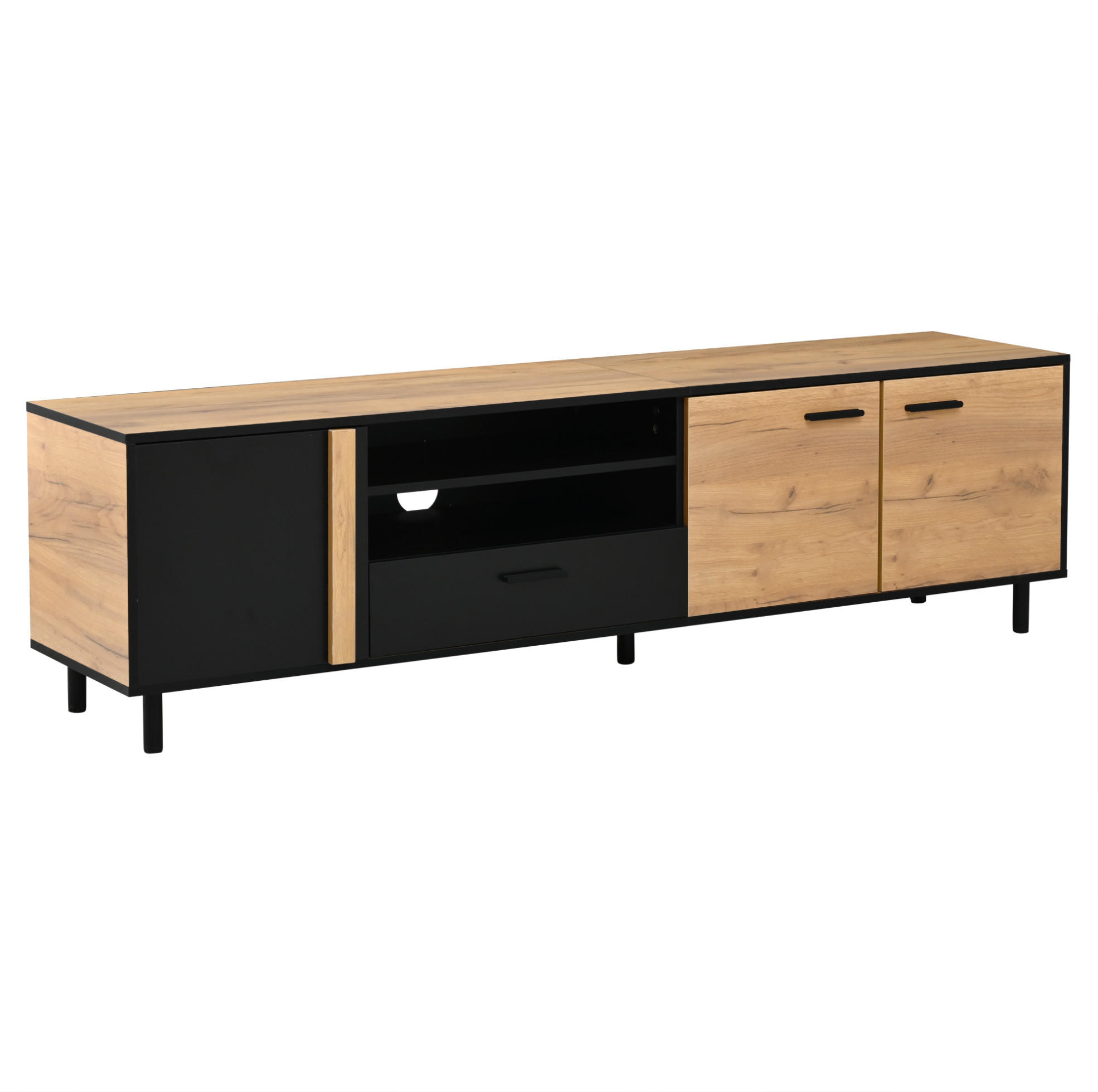 TV-LOWBOARD aus Spanplatte 180x32,5x50 cm Schwarz/Holzoptik mit 3 Türen, 1 Schublade und 5 Standfüßen - Schwarz, Holzwerkstoff (180/50/32.5cm) - Modfu