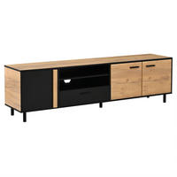 TV-LOWBOARD aus Spanplatte 180x32,5x50 cm Schwarz/Holzoptik mit 3 Türen, 1 Schublade und 5 Standfüßen - Schwarz, Holzwerkstoff (180/50/32.5cm) - Modfu