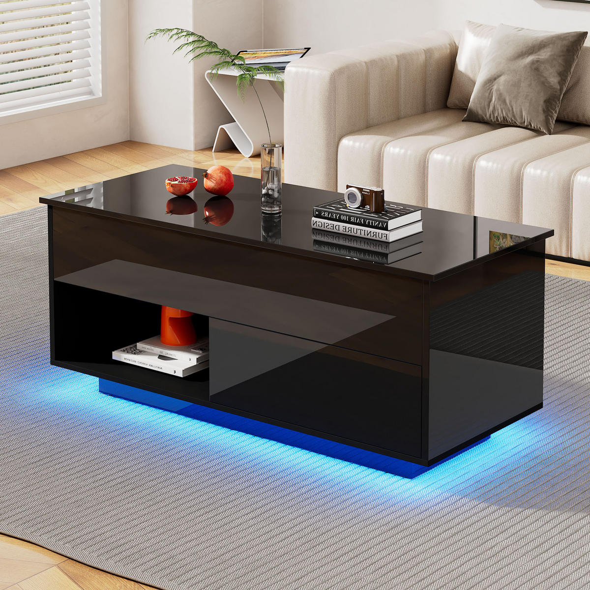 COUCHTISCH 100/50/55-70,5 cm Schwarz aus Holzwerkstoff mit Lift-Top, Stauraum und LED-Beleuchtung - Schwarz, Holzwerkstoff (100/50/60cm) - OKWISH