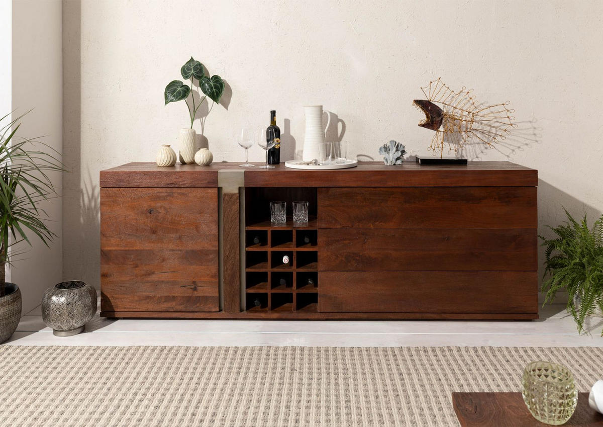 SIDEBOARD Mango 215x45x75 braun lackiert Amsterdam #29 - Braun, Holz (215/75/45cm) - Massivmoebel24