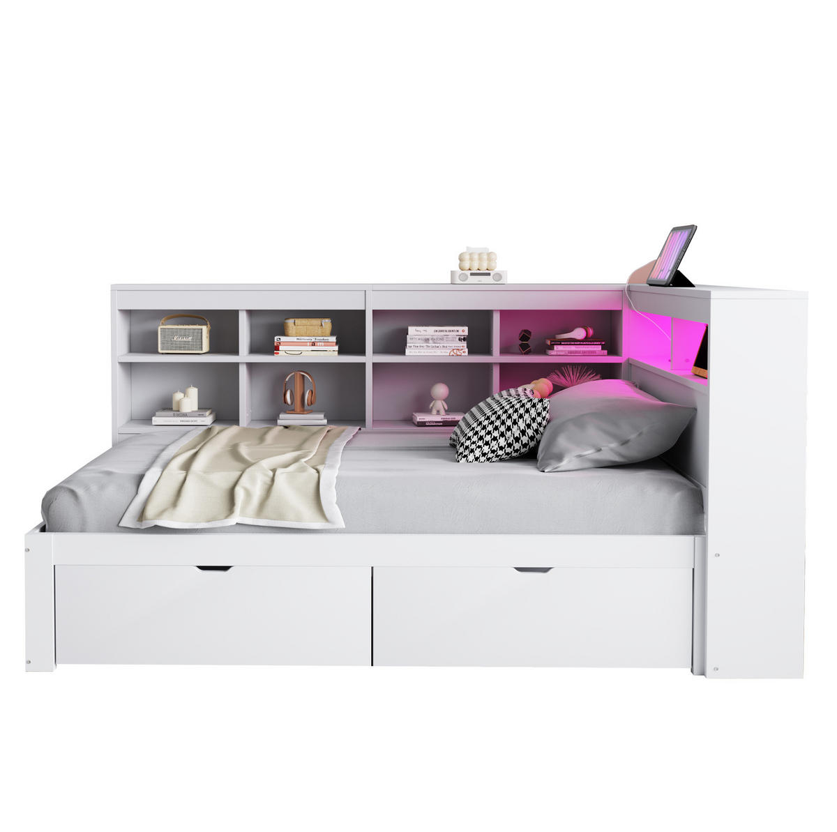 TAGESBETT 90x200 cm Weiß mit LED, USB-Steckdose und viel Stauraum - Weiß, Holzwerkstoff (90/200cm) - Modfu