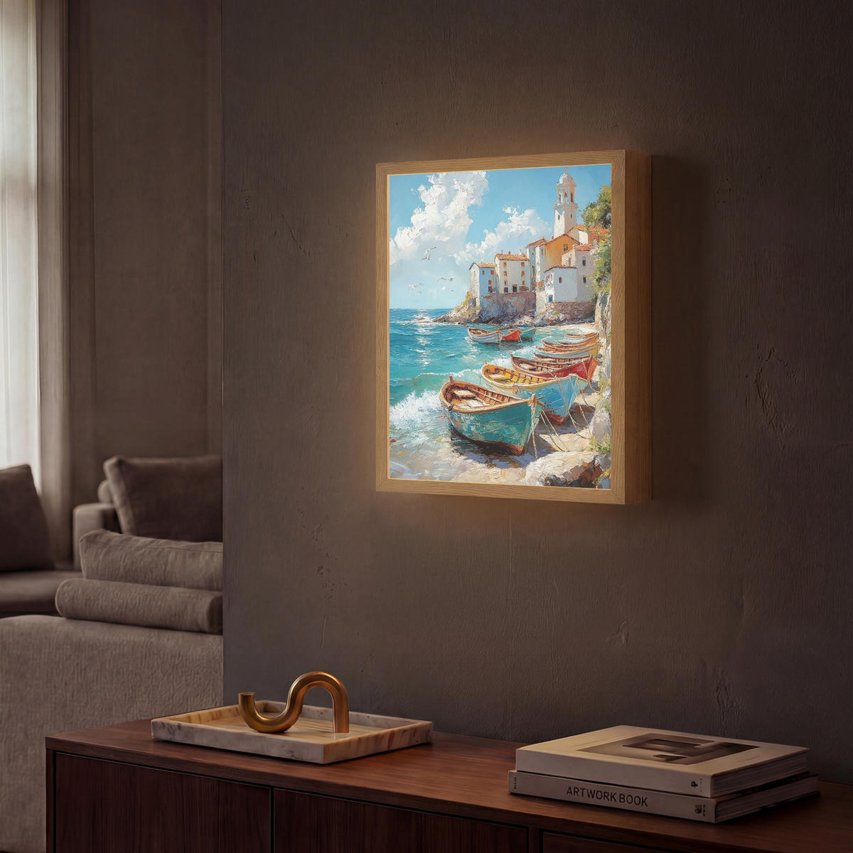 NÁSTĚNNÁ LAMPA S AKUMULÁTOREM Lodě - skály - moře - slunce 30x40 cm - modrá, kompozitní dřevo (30/40/8cm) - OnlyWow