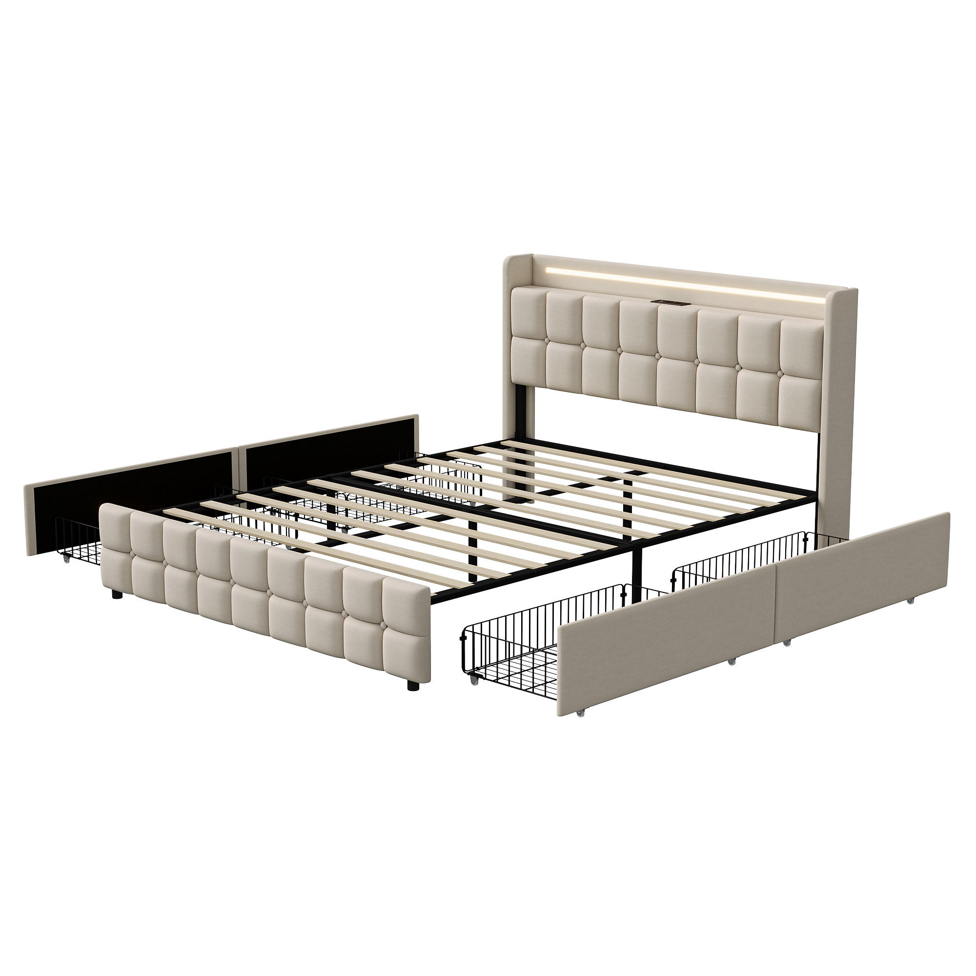 POLSTERBETT 160x200 cm mit LED, USB, 4 Schubladen, Leinen, Beige - Beige, Holz (160/200cm)