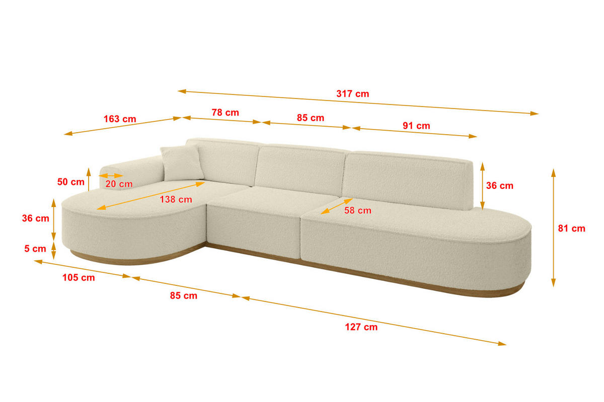 ECKSOFA Ottomane Links MARI-L2-v2 - 328x171x83 cm Beige Bouclé - Beige, Holzwerkstoff/Textil (328/171cm) - ALTDECOR