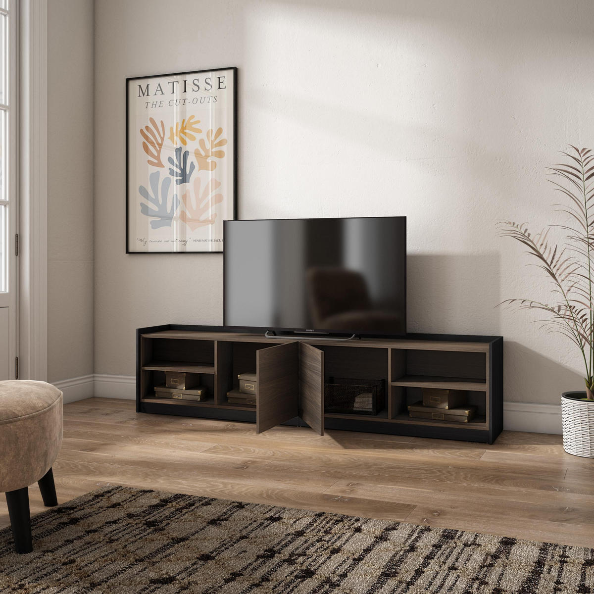 TV-SCHRANK, Lowboard, 207/37/50cm, Für TV-Geräte bis zu 80", Eiche und Schwarz - Dunkelbraun, Holzwerkstoff (207/50/37cm) - Skraut Home