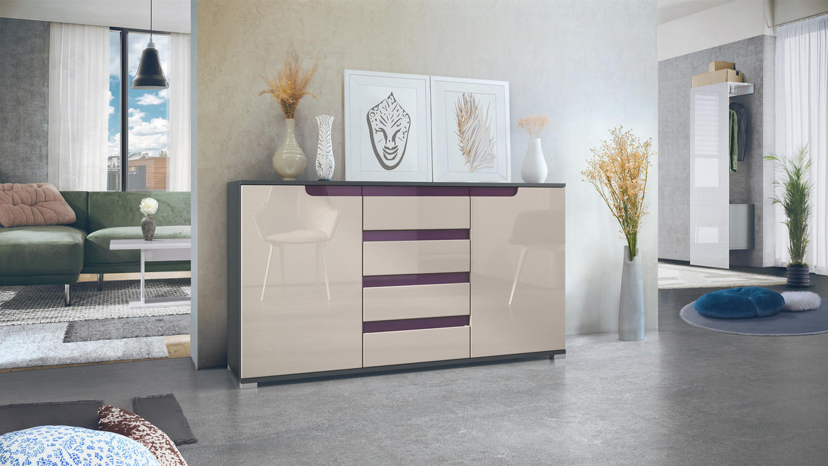 SIDEBOARD Sylt Sandgrau Hochglanz / Brombeer Hochglanz - Sandfarben, Holzwerkstoff (138.5/75.5/35cm) - Vladon