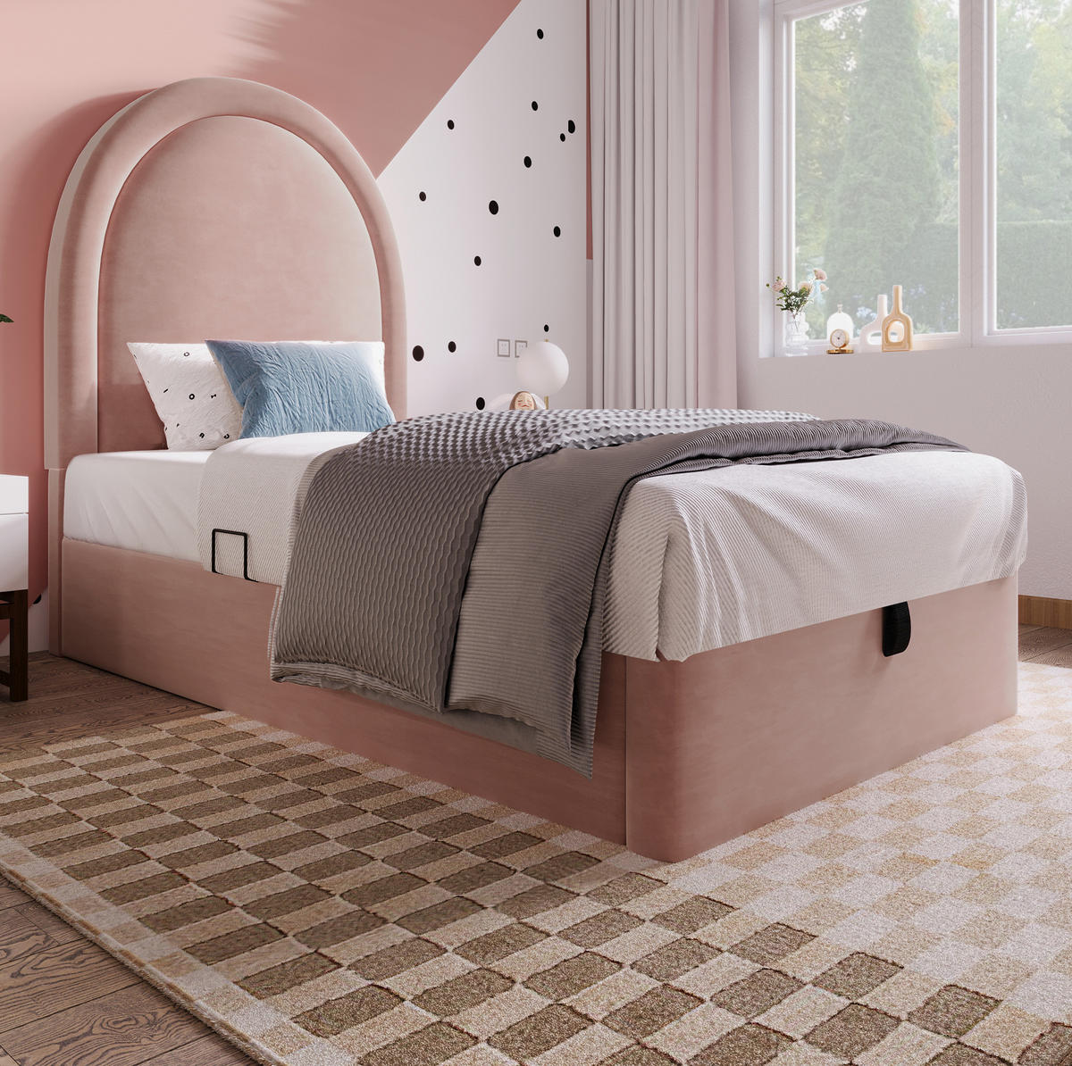 DETSKÁ posteľ 90/190 cm ružová s úložným priestorom zo zamatu - ružová, textil (90/190cm) - OKWISH