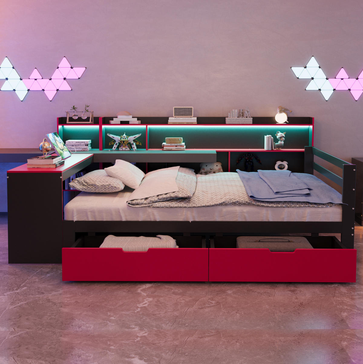 MULTIFUNKČNÁ posteľ 140/200 cm čierna s červenou z dreva s písacím stolom policami zásuvkami LED osvetlením a USB - čierna, kompozitné drevo (140/200cm) - OKWISH