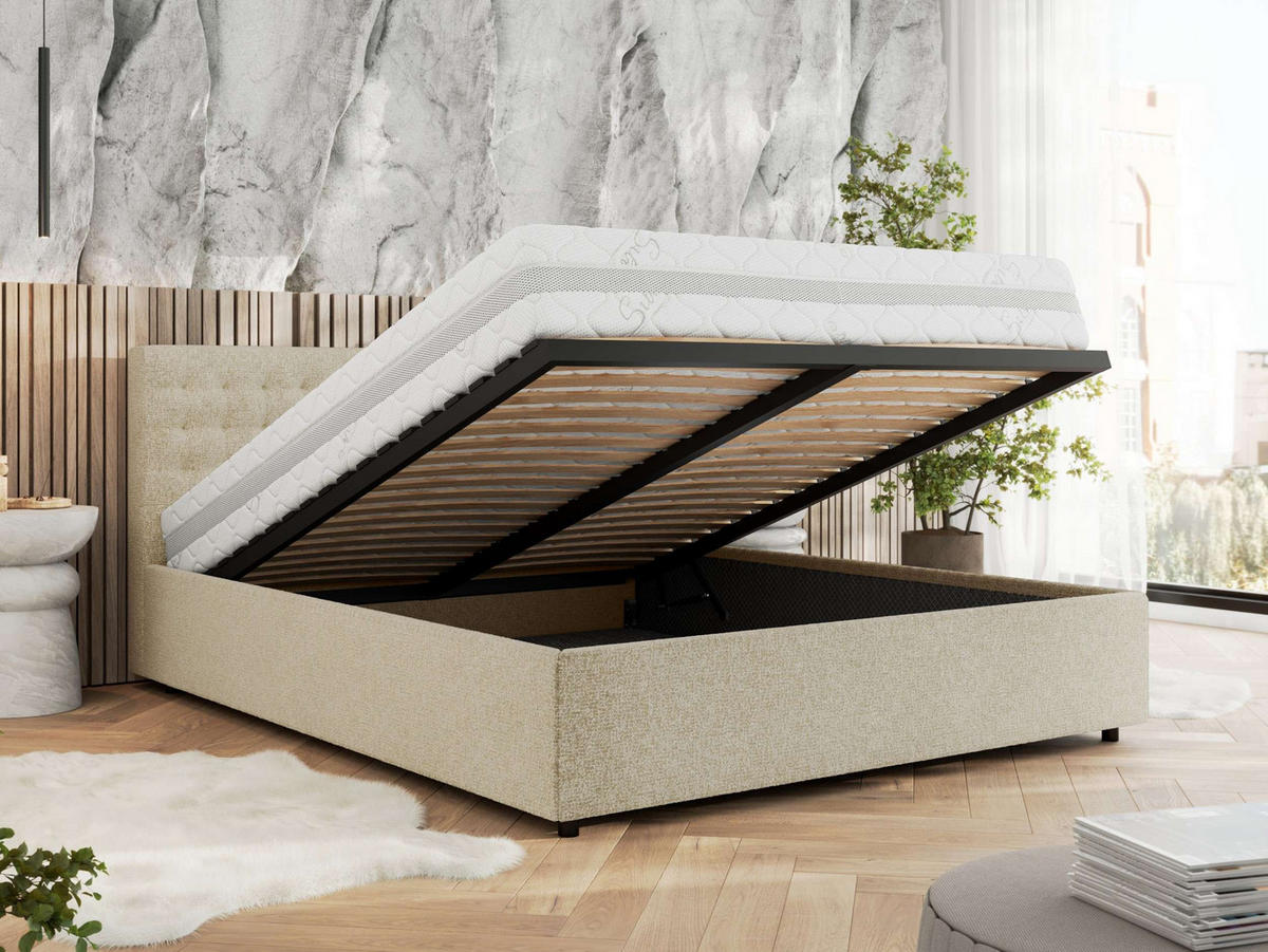 POLSTERBETT PAVO CLASSIC 160/200 - Creme Strukture - Schaum-Matratze - Creme, Textil (160/200cm) - MKS