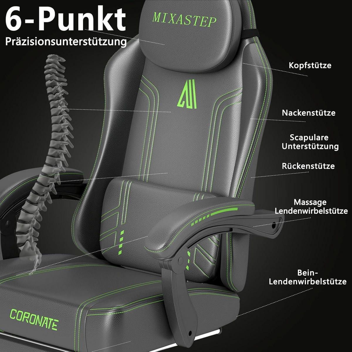 GAMING Stuhl Ergonomisch mit Verstellbarer Rückenlehne Grün - Multicolor, Kunststoff (50/128/52cm)