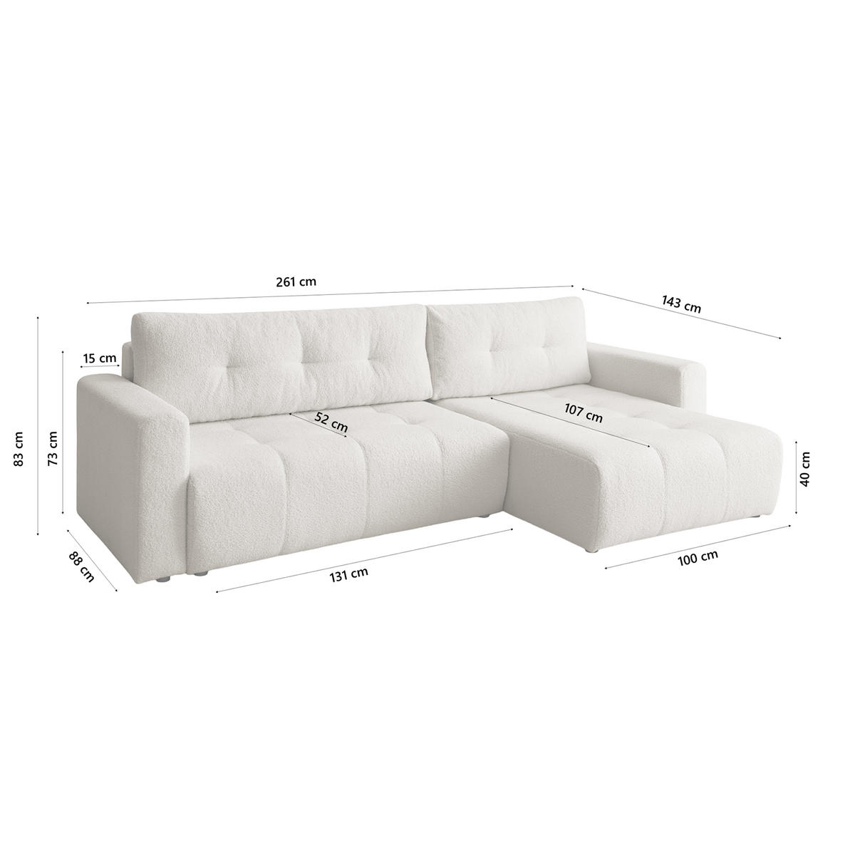 ECKSOFA WALONGO mit Schlaffunktion, Creme - Weiß, Textil (261/143cm) - Fedve