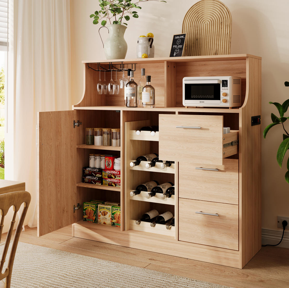 SIDEBOARD 120/40/121 cm z MDF v přírodní a bílé barvě s LED a zásuvkou - bílá, kompozitní dřevo (120/121/40cm) - Modenvie