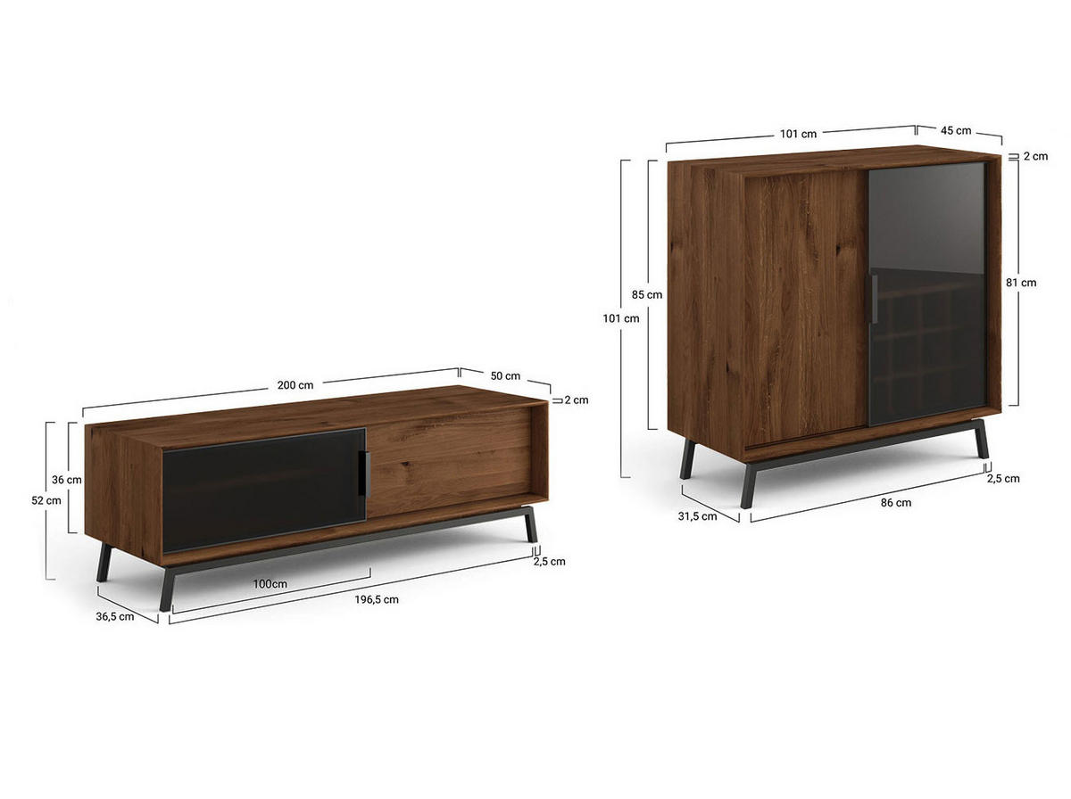 WOHNWAND 2er-Set Modern Loft Eiche Tabak 301 / 50 / 101cm - Eichefarben/Dunkelbraun, Holz/Metall (301/101/50cm) - Feldmann-Wohnen
