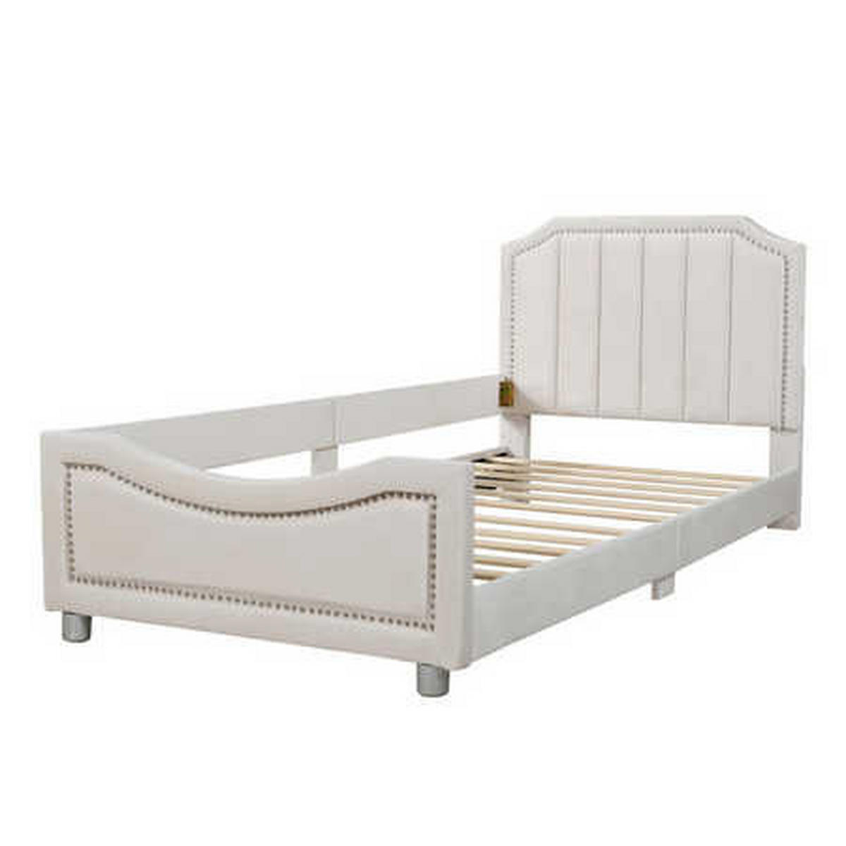 KINDERBETT 90x200 Beige Flanell Rückenlehne - Beige, Holz (90/200cm) - FLIEKS