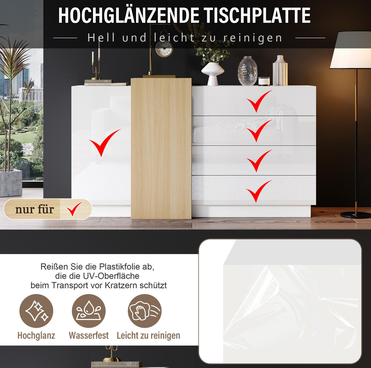 SIDEBOARD 140/35/76,5 cm in Weiß Hochglanz mit 4 Schubladen & 2 Türen - Weiß, Holzwerkstoff (140/76.5/35cm) - BEAOK