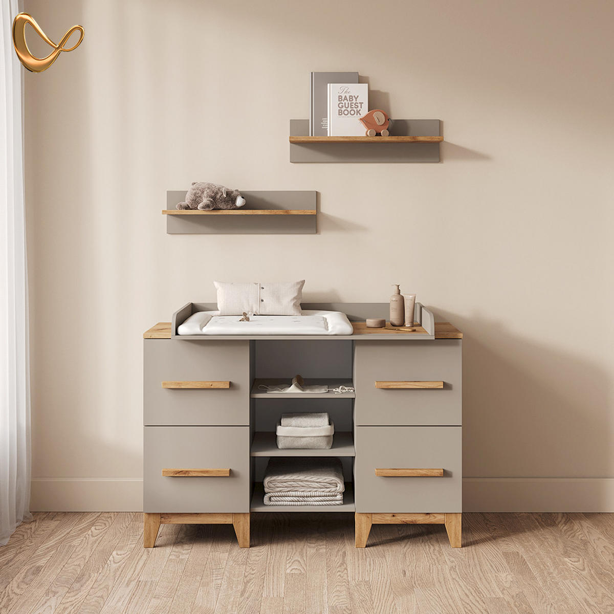 WICKELKOMMODE Mailo Cashmere/Artisan XL mit 4 Schubladen - Kaschmir/Eiche Artisan, Holzwerkstoff (133/108/70cm) - Livinity®