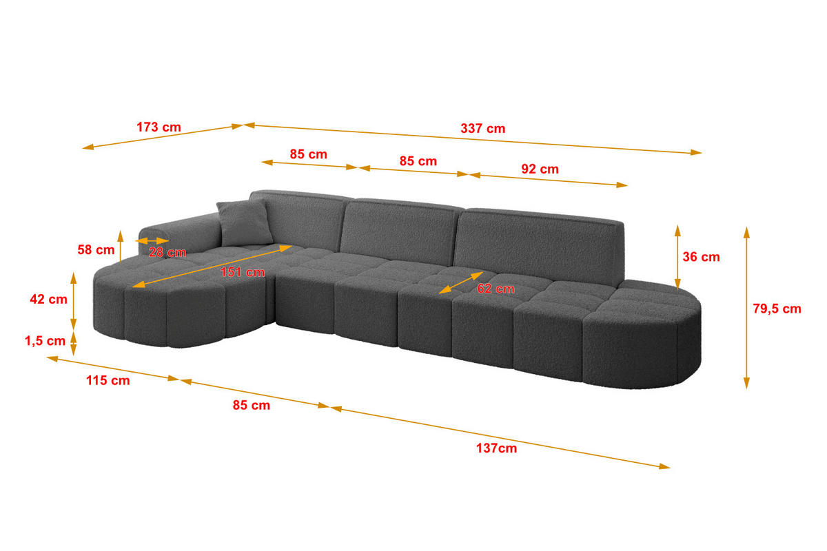 ECKSOFA Ottomane Links LIVO-L2 - 337x173x79,5 cm Grau - Grau, Holzwerkstoff/Textil (337/173cm) - ALTDECOR