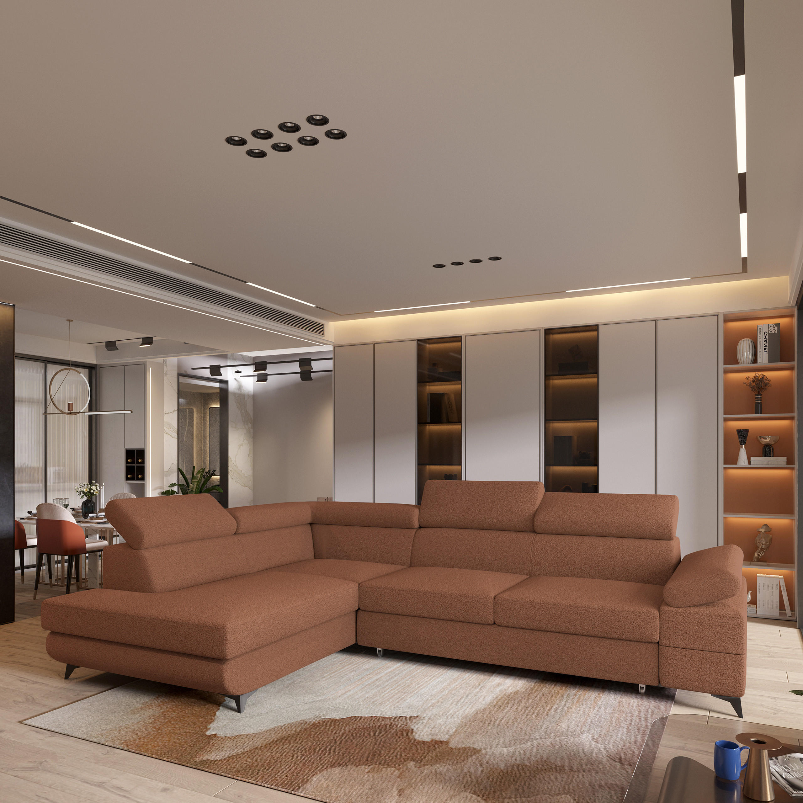 ECKSOFA FAVIEN L-S Kupferfarben Boucle-Stoff mit Schlaffunktion - Kupferfarben, Holz (257/190cm) - MASSENO