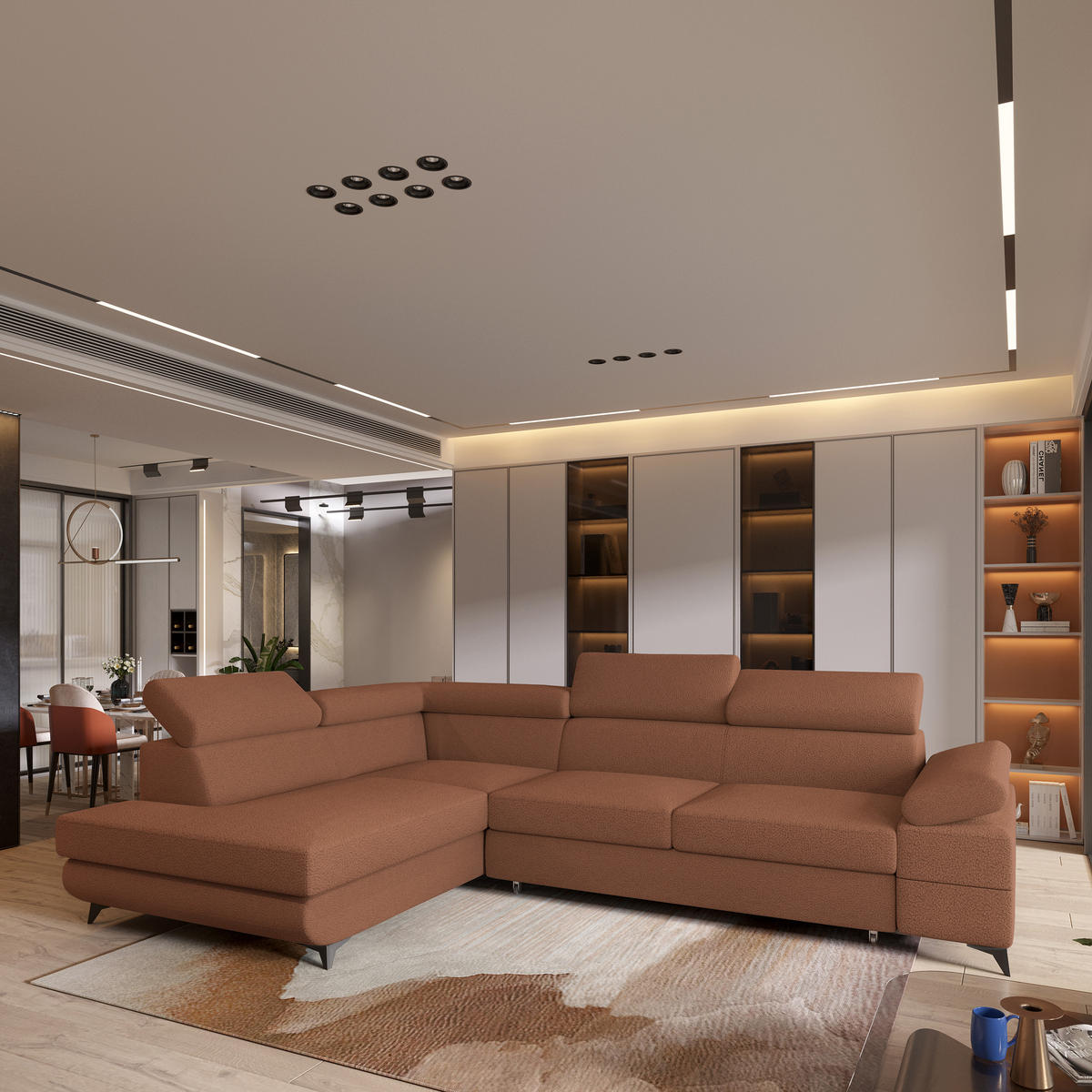 ECKSOFA FAVIEN L-S Kupferfarben Boucle-Stoff mit Schlaffunktion - Kupferfarben, Holz (257/190cm) - MASSENO