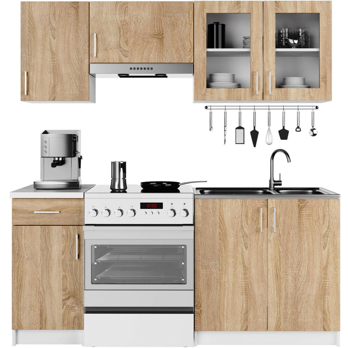 KÜCHENVITRINE Weiß, Sonoma Eiche 80x30,5x58 cm - Silberfarben/Weiß, Glas/Holzwerkstoff (80/58/30.5cm) - Akord