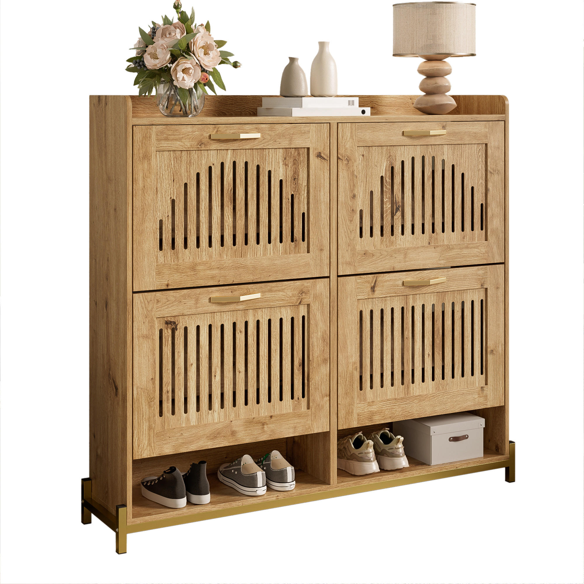 SCHUHSCHRANK 4 Türen Vertikale Lamellentüren Metallrahmen Ablage - Naturfarben, Holzwerkstoff (24/100/108.5cm) - FLIEKS