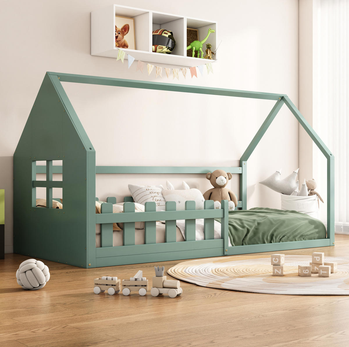 KINDERBETT 90/200 cm, Grün mit Hausform aus Kiefer und MDF - Grün, Holz (90/200cm) - MIVRAY