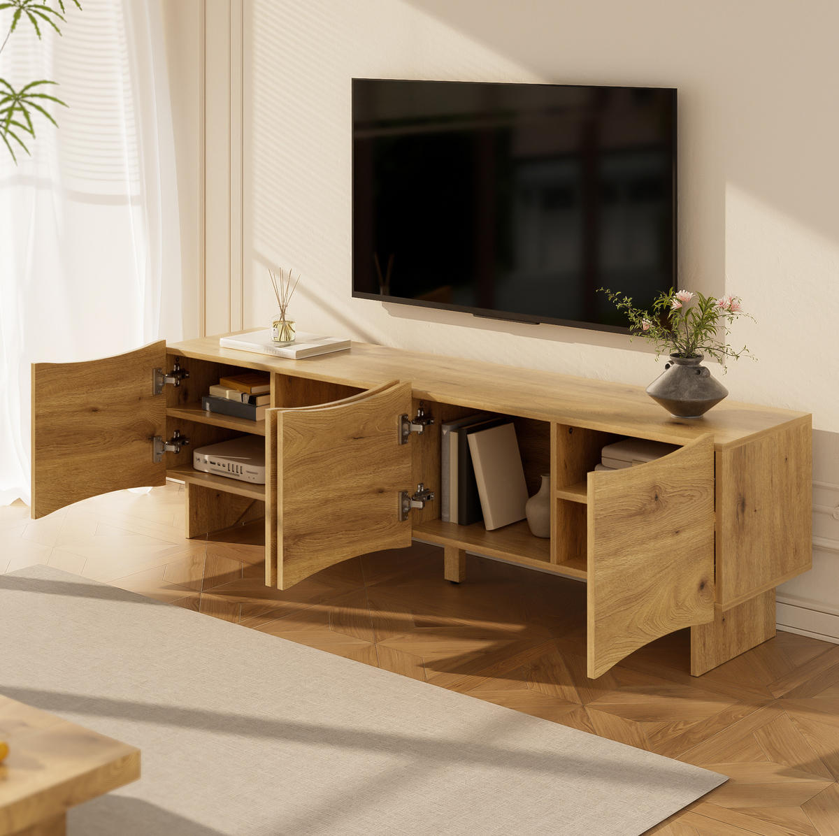 LOWBOARD 155/36/47 cm aus Spanplatte mit Wellenmuster und Kabelmanagement Naturfarben - Eichefarben, Holzwerkstoff (155/47/36cm) - Modenvie