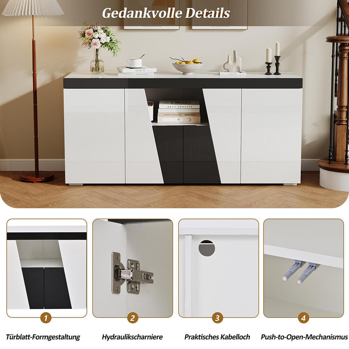 SIDEBOARD 140 x 40 x 65 cm mit LED-Lichtleiste ,Abgewinkeltes Design - Weiß, Holzwerkstoff (40/65/140cm) - KOMHTOM