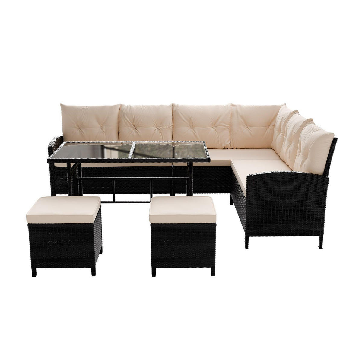 LOUNGEGARNITUR Manacor schwarz, creme inkl. Abdeckung - Creme, Kunststoff/Metall - Juskys