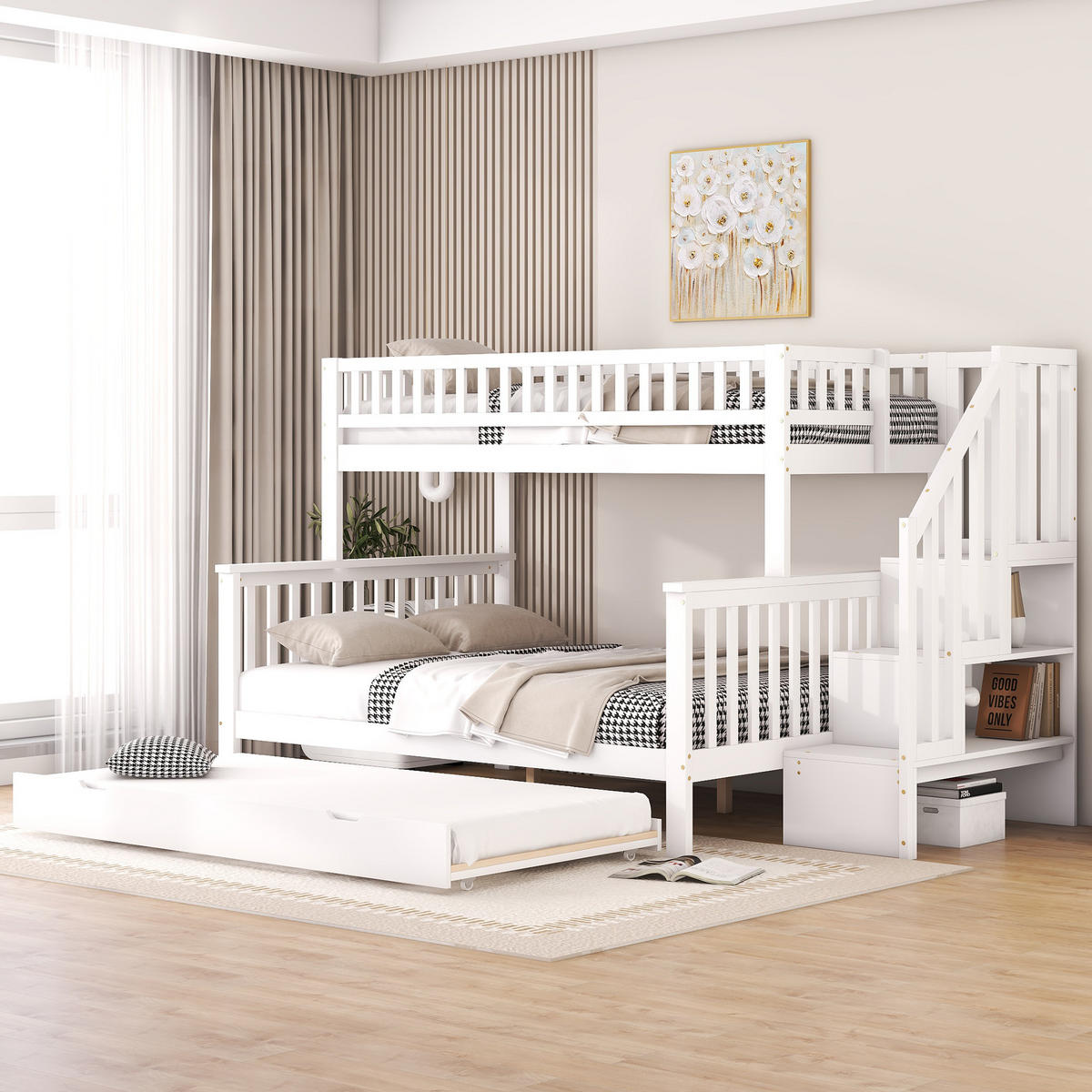 ETAGENBETT 90/200 und 140/200 cm Weiß mit Rollbett und Treppe Ohne Matratze - Weiß, Holz (90/200cm) - OKWISH