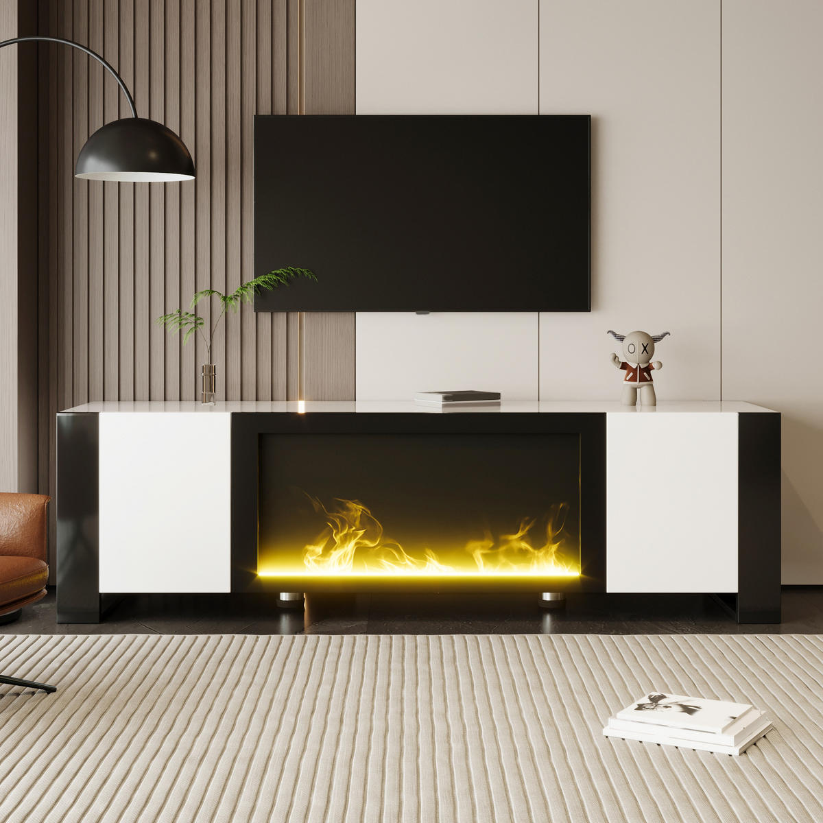 LOWBOARD in Weiß und Schwarz TV-Schrank mit elektrischem Kamin Flammeneffekt für Wohnzimmer, B165/T32/H55 cm - Schwarz/Weiß, Holzwerkstoff/Kunststoff (165/55/32cm) - STILVORA