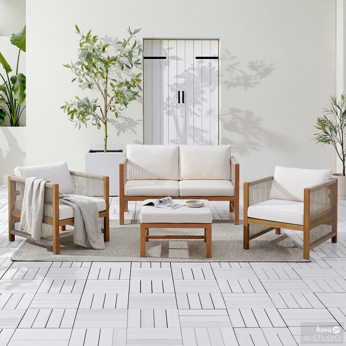 LOUNGEGRUPPE - 5-teilig - Akazie massiv / Polyester - Braun / Beige - Beige, Holz/Textil - home24