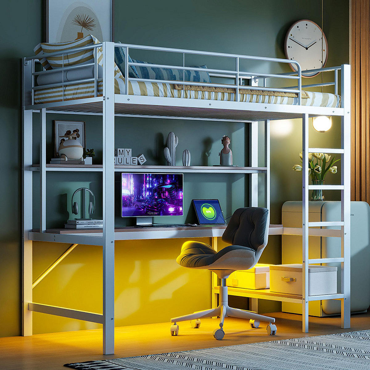 HOCHBETT 90x200cm mit usb und Steckdose, Metall, Weiß - Weiß, Metall (90/200cm) - KOMHTOM