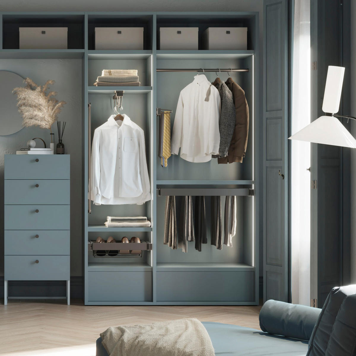 HOSENHALTER Mit 7 Stangen, Wäschekorb Und Rahmen Für Schrank Quartz, Soft-Close, Vollauszug, 80cm, Titan-Oberfläche - Titanfarben, Metall (45.5/40/78.8cm) - EMUCA