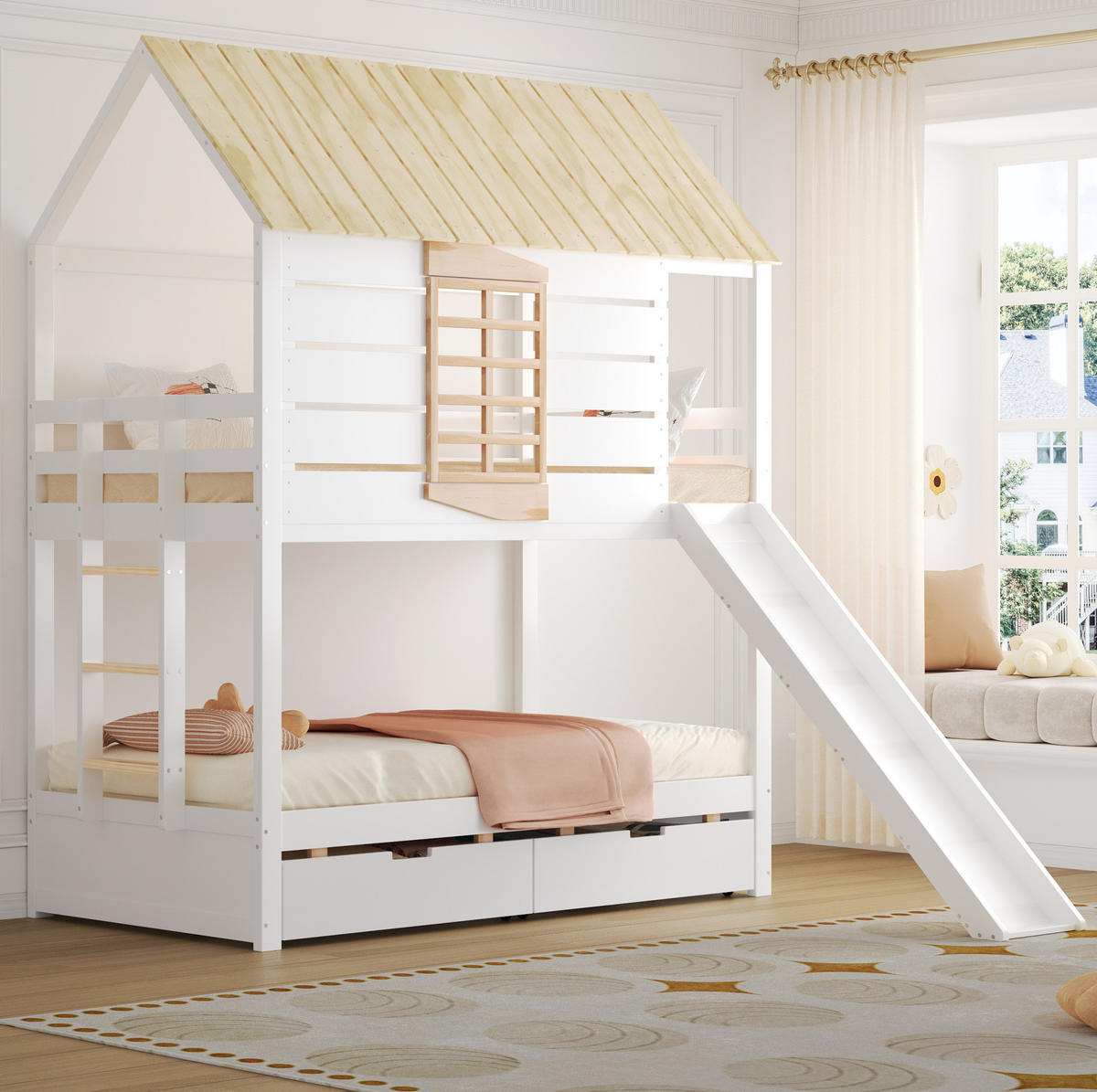 ETAGENBETT aus Kiefer und MDF 90x200 cm Weiß/Natur mit Rutsche, 2 Schubladen und Hausdach - Weiß, Holzwerkstoff (90/200cm) - Modfu